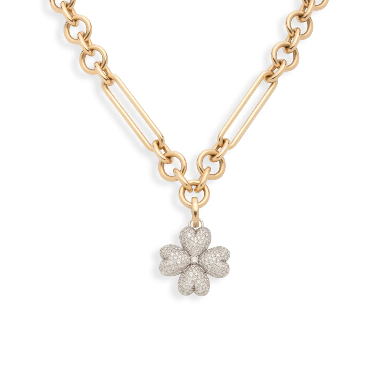 True Love | Snow Pavé Four Heart Clover Midsize Mixed Clip Necklace | Diamonds, Mixed Gold