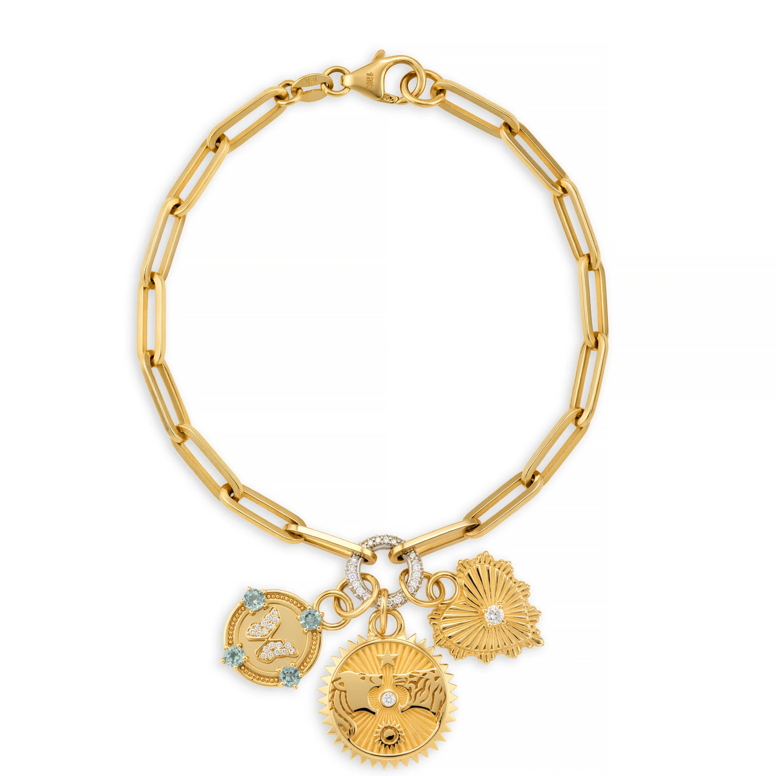 Strength - True Love | Solar & Lunar and Heart Love Token Medium Clip Charm Bracelet | Diamonds, Swiss Blue Topaz Yellow Gold