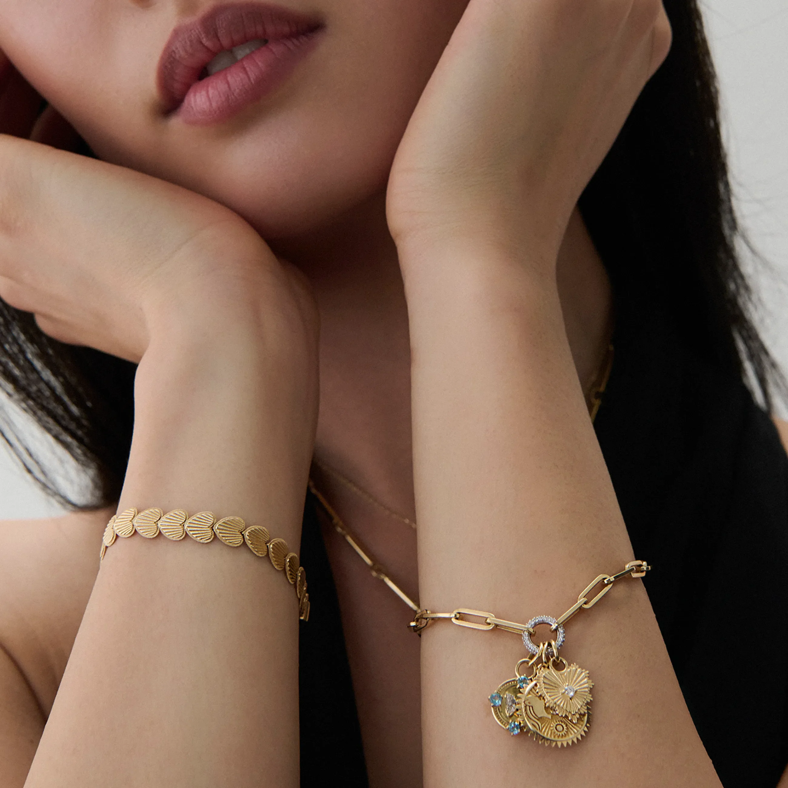 Strength - True Love | Solar & Lunar and Heart Love Token Medium Clip Charm Bracelet | Diamonds, Swiss Blue Topaz Yellow Gold - Image 2