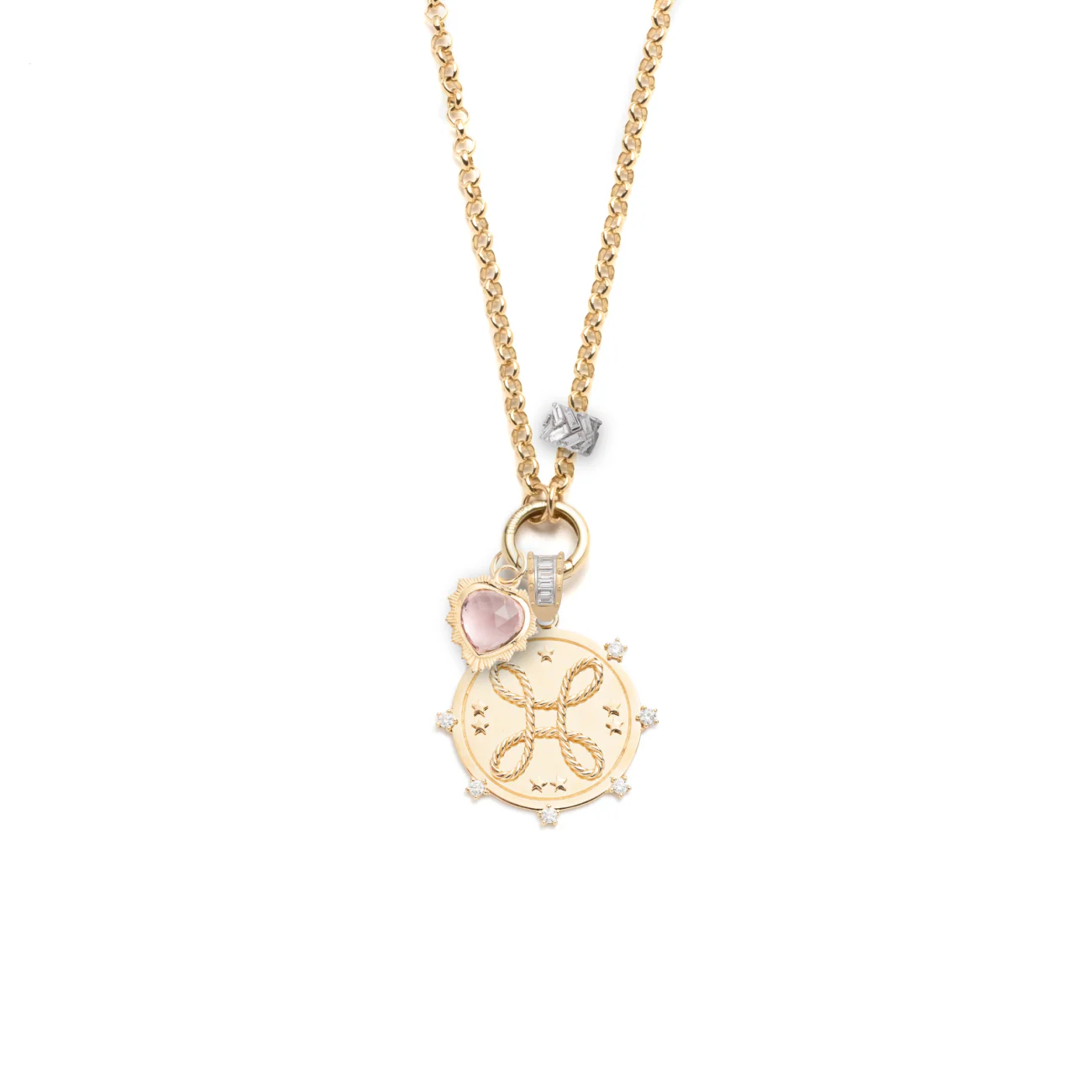 True Love | Love Knot and Gemstone Heart Medium Belcher Open Chain | Diamonds, Pink Tourmaline, Mixed Gold