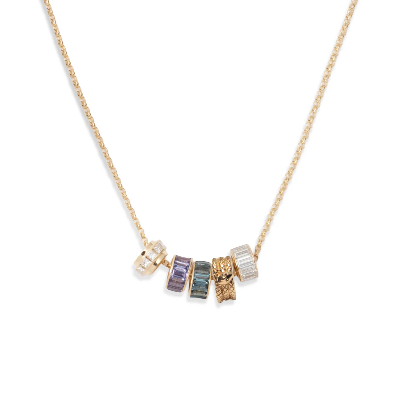 True Love - Wholeness | Baguette and Snake Heart Beats Fine Belcher Necklace | Multi-Stone, Yellow Gold