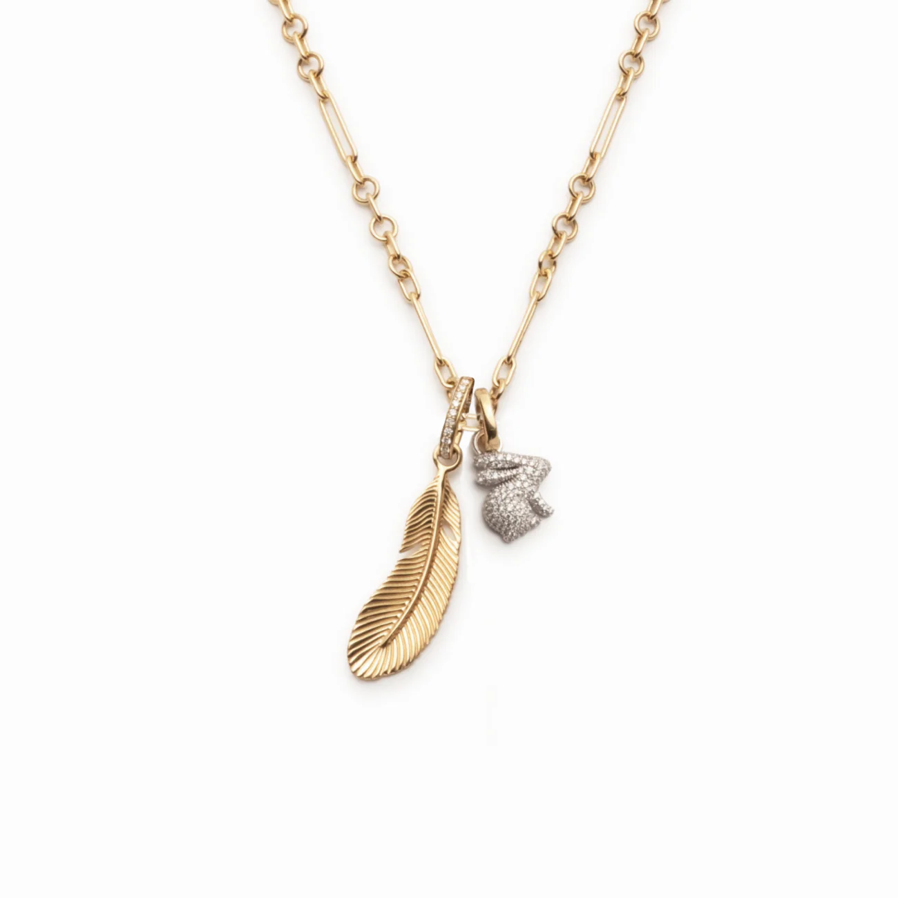 True Love - Vivacity | Snow Pavé Bunny and Feather Fine Mixed Clip Necklace | Diamonds, Mixed Gold