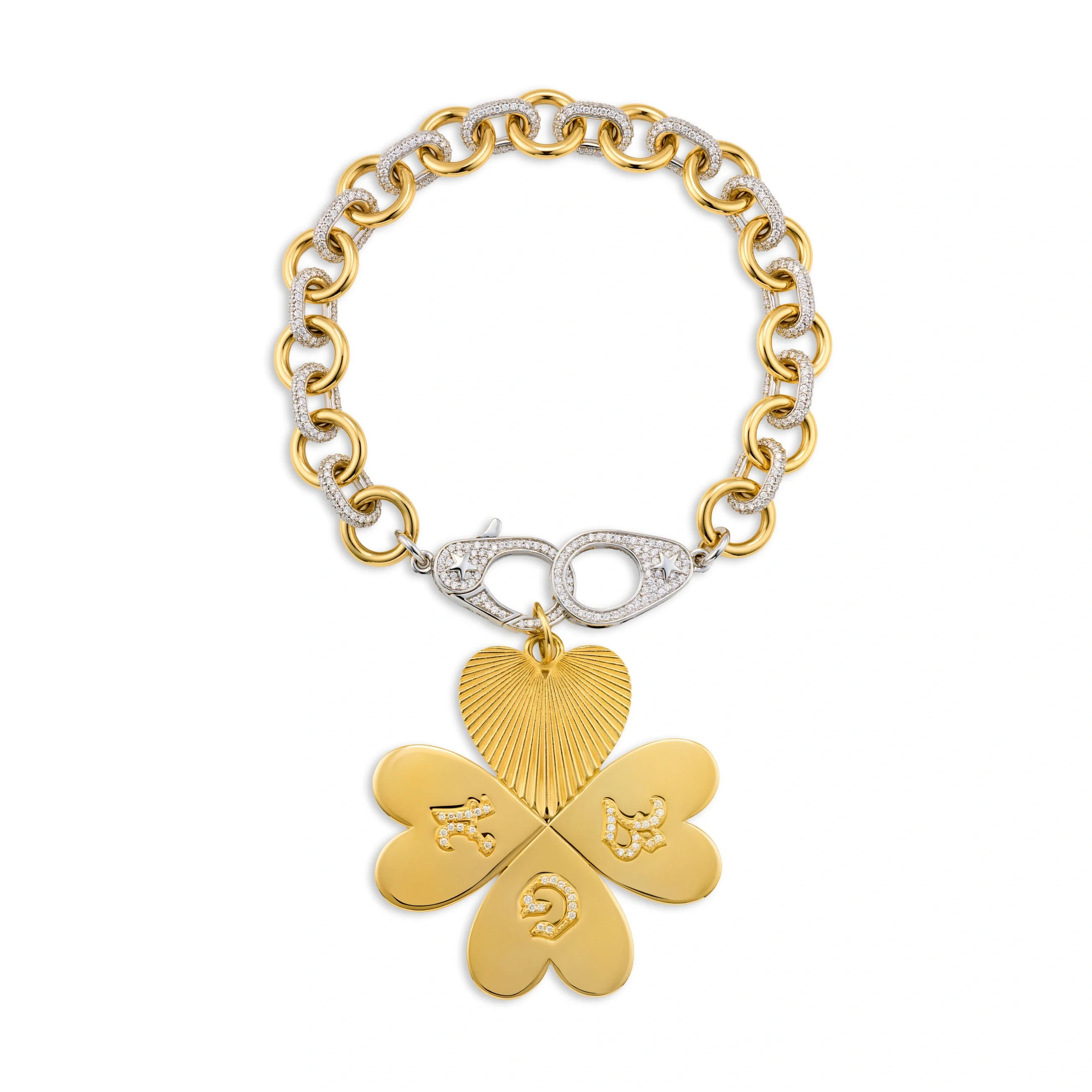Personalized - True Love | Custom Four Heart Clover Pavé Midsized Mixed Link Bracelet with Sister Hooks | Diamonds, Mixed Gold