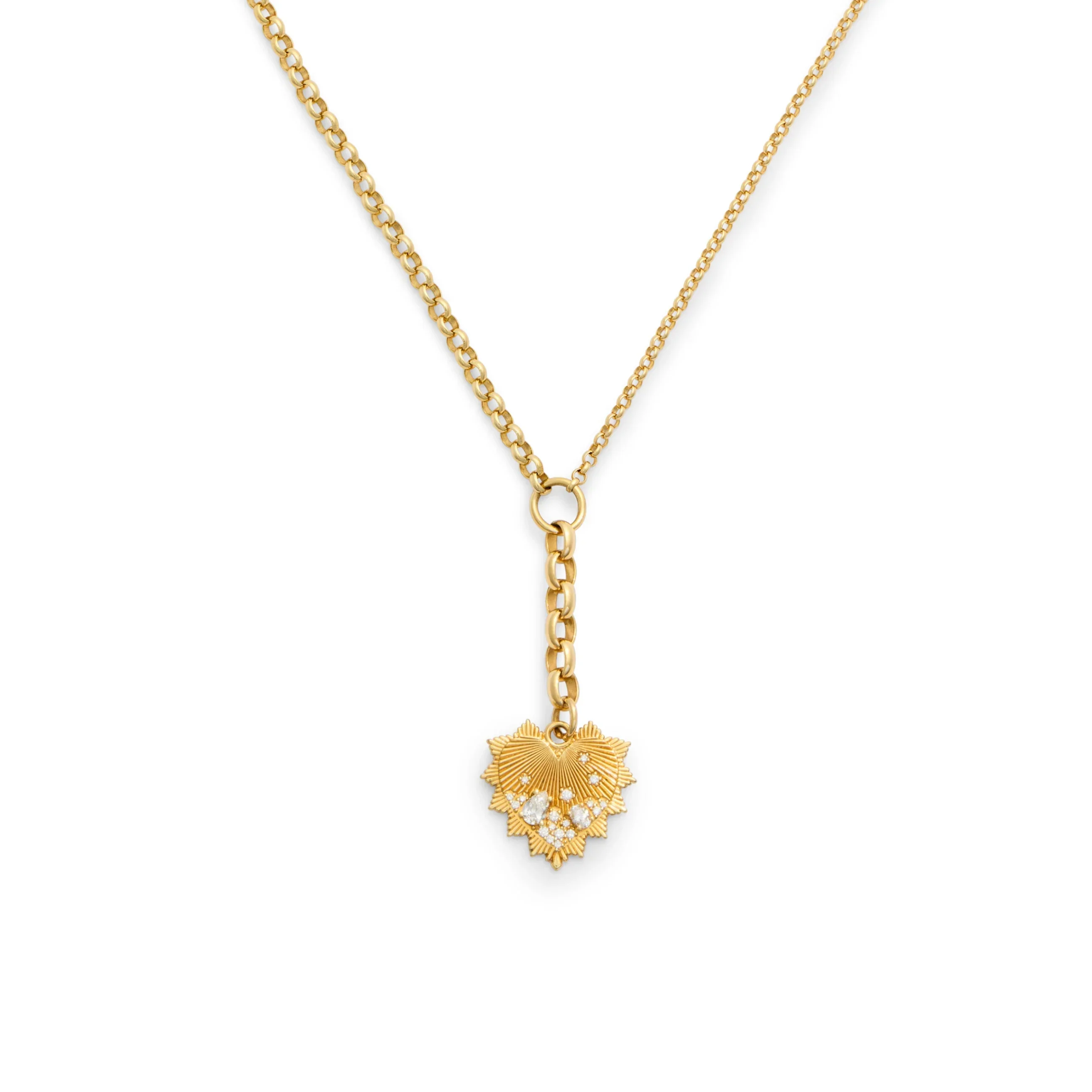 True Love | Encrusted Heart Love Token Medium Mixed Belcher Extension Necklace | Diamonds, Yellow Gold
