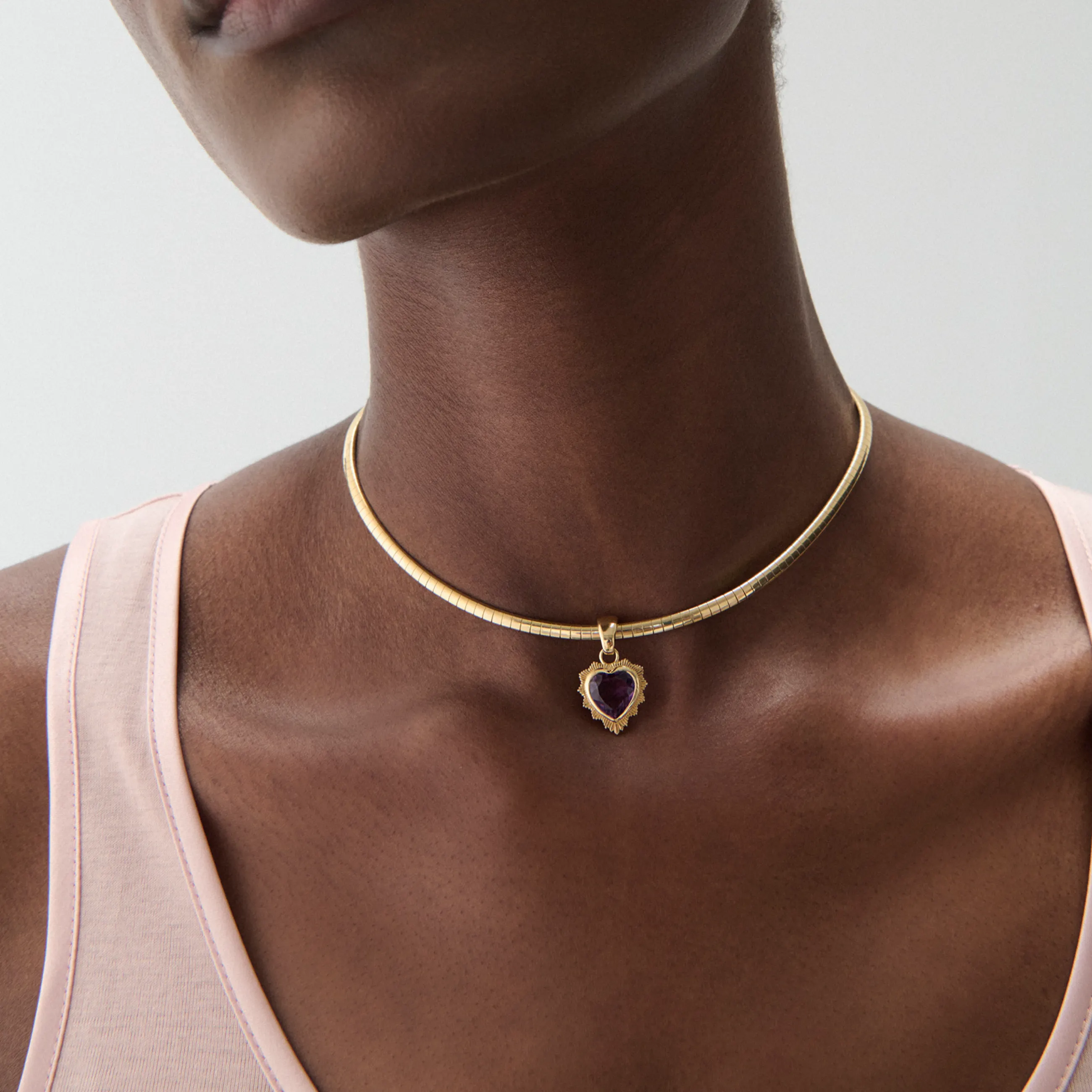 True Love | Gemstone Heart Small Sleek Collar Necklace | Amethyst, Yellow Gold - Image 2