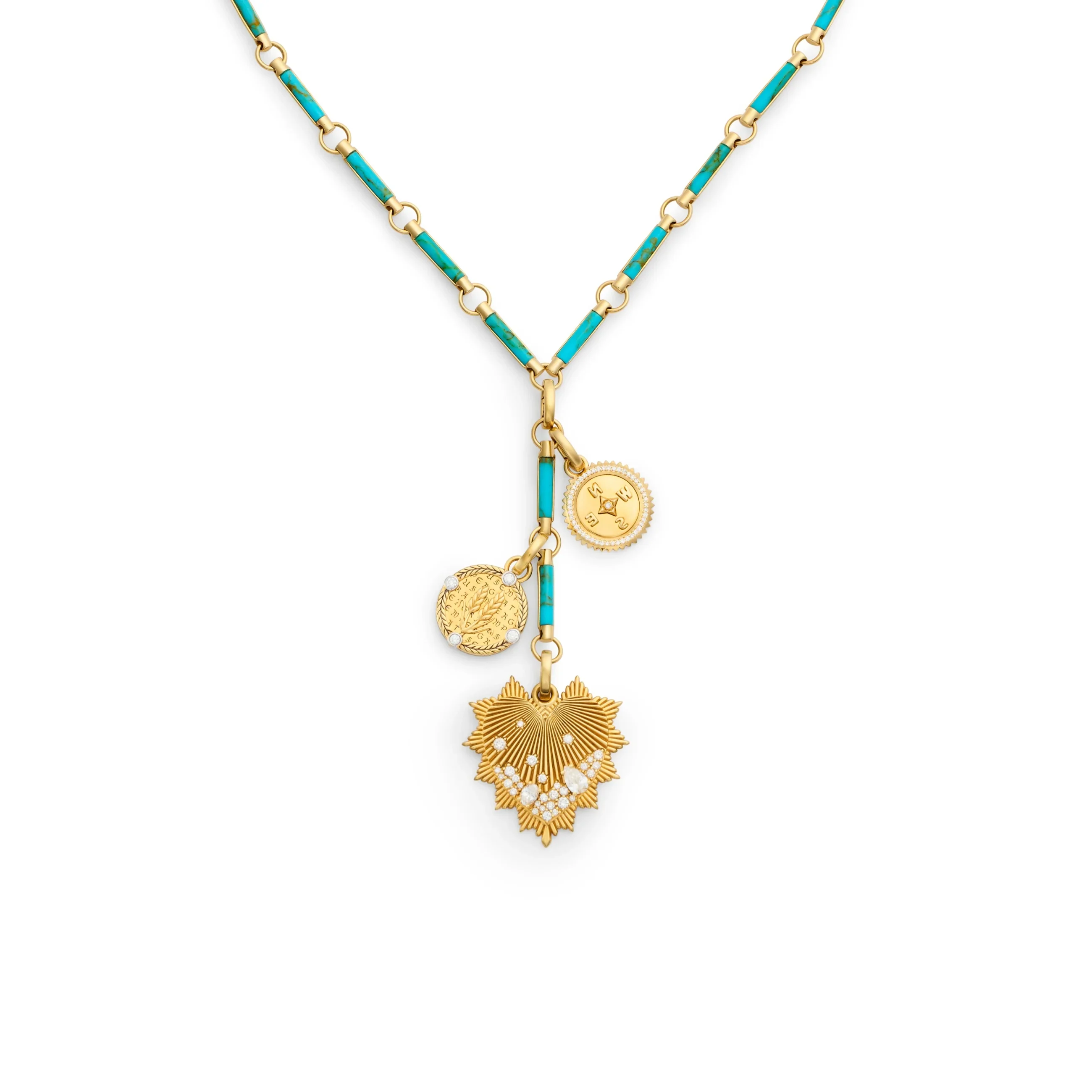 True Love - Infinite Gratitude | Encrusted Heart Love Token and Braided Wheat Element Extension Necklace | Diamonds, Turquoise, Yellow Gold