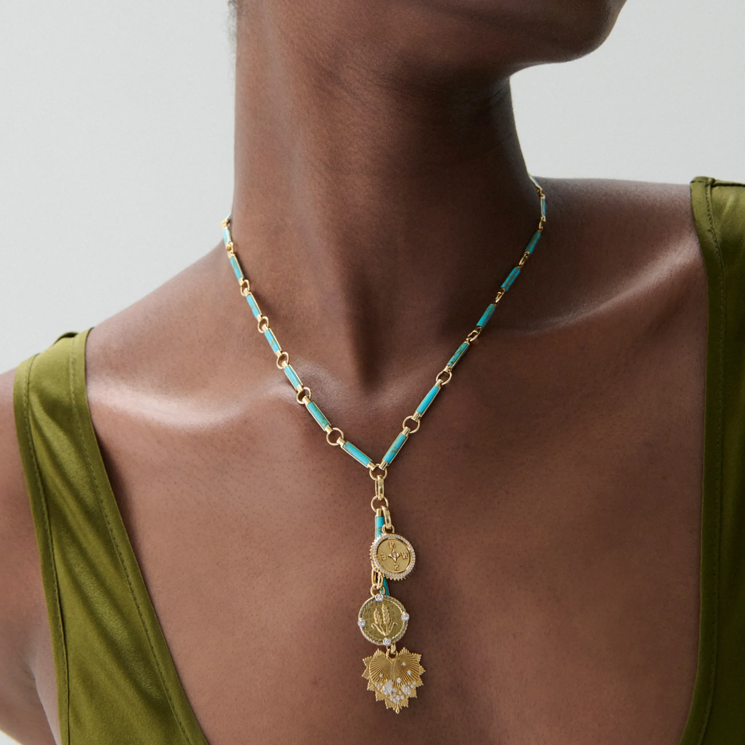 True Love - Infinite Gratitude | Encrusted Heart Love Token and Braided Wheat Element Extension Necklace | Diamonds, Turquoise, Yellow Gold - Image 2