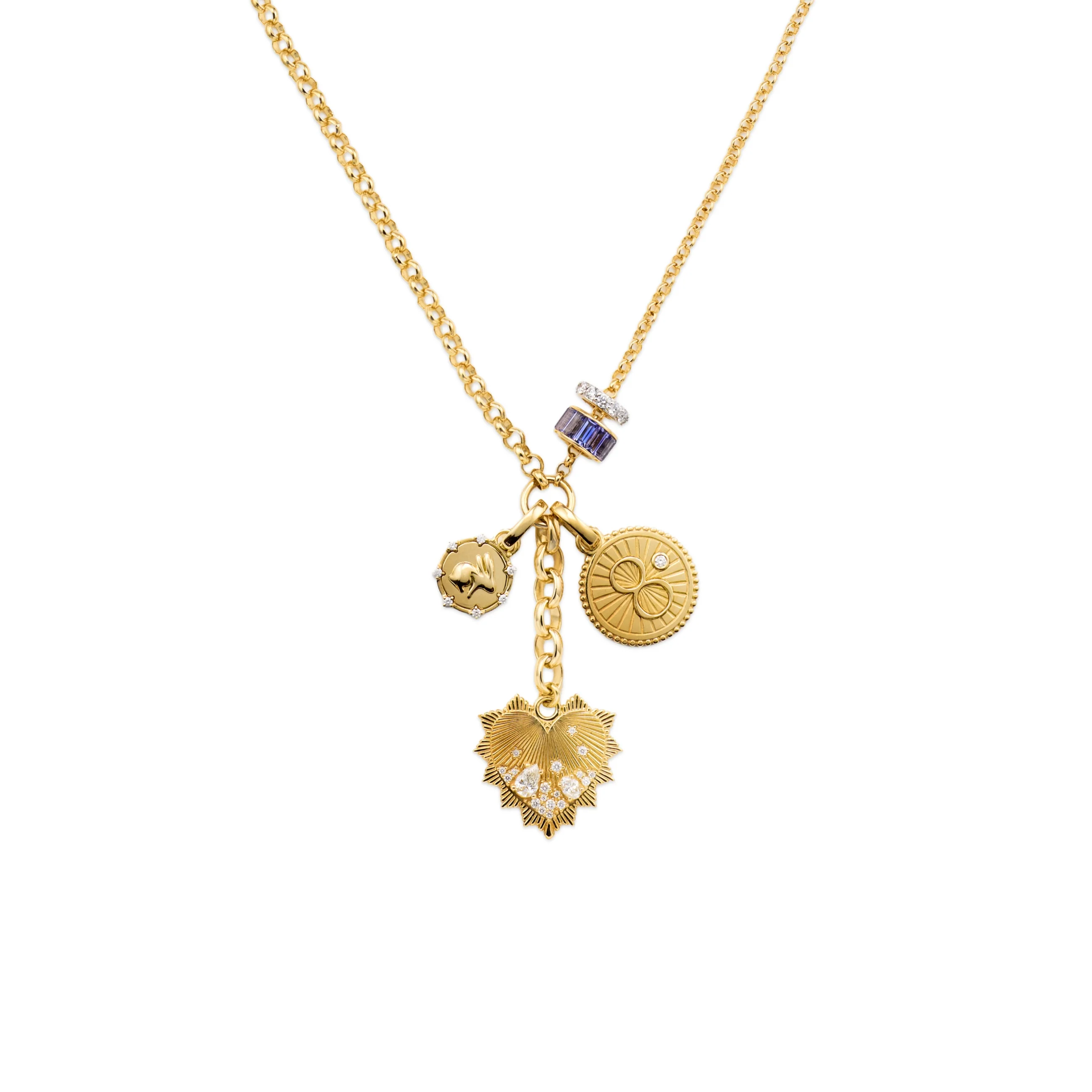 True Love - Infinite Gratitude | Encrusted Heart and Bunny Medium Mixed Belcher Extension Necklace | Diamonds, Tanzanite, Yellow Gold