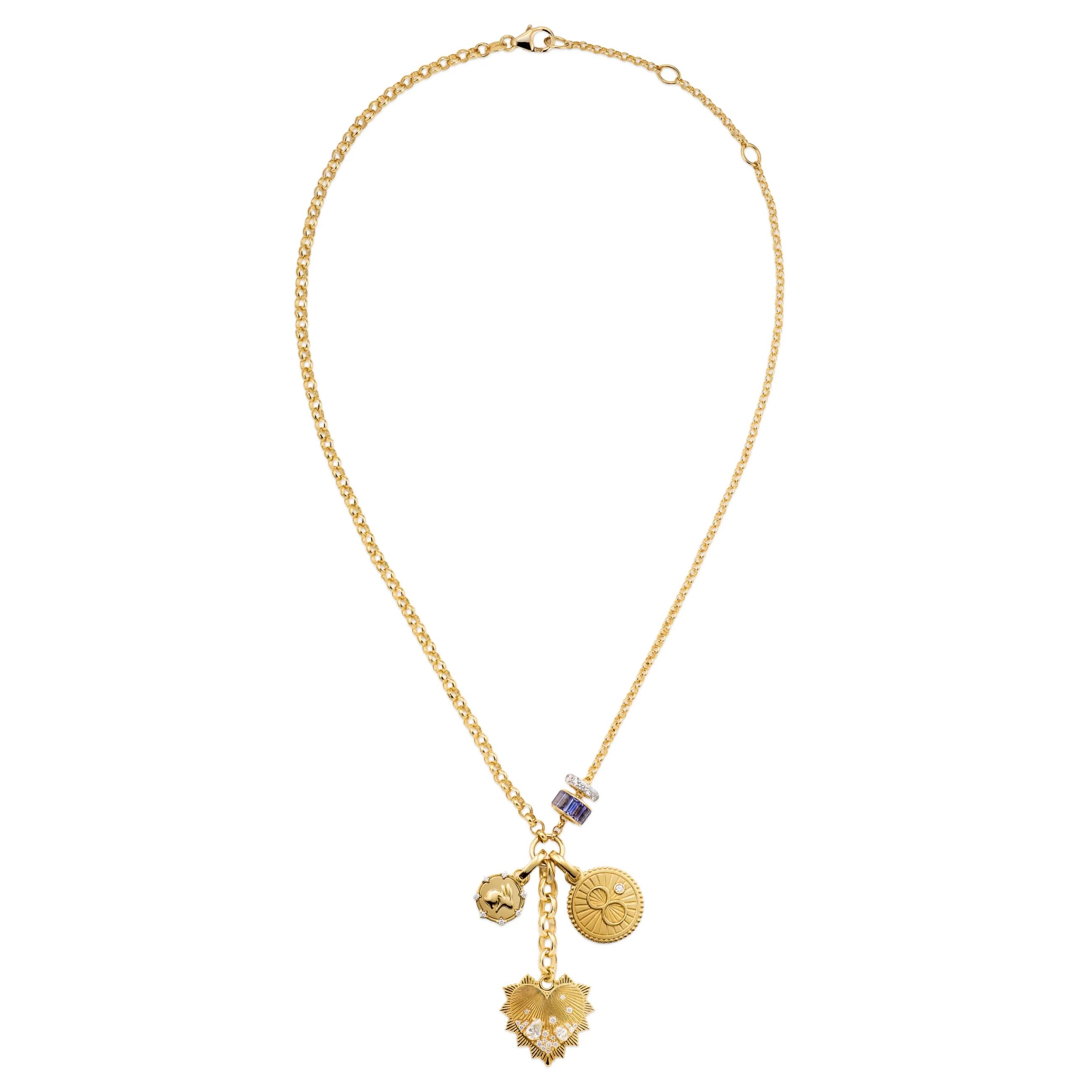 True Love - Infinite Gratitude | Encrusted Heart and Bunny Medium Mixed Belcher Extension Necklace | Diamonds, Tanzanite, Yellow Gold - Image 2