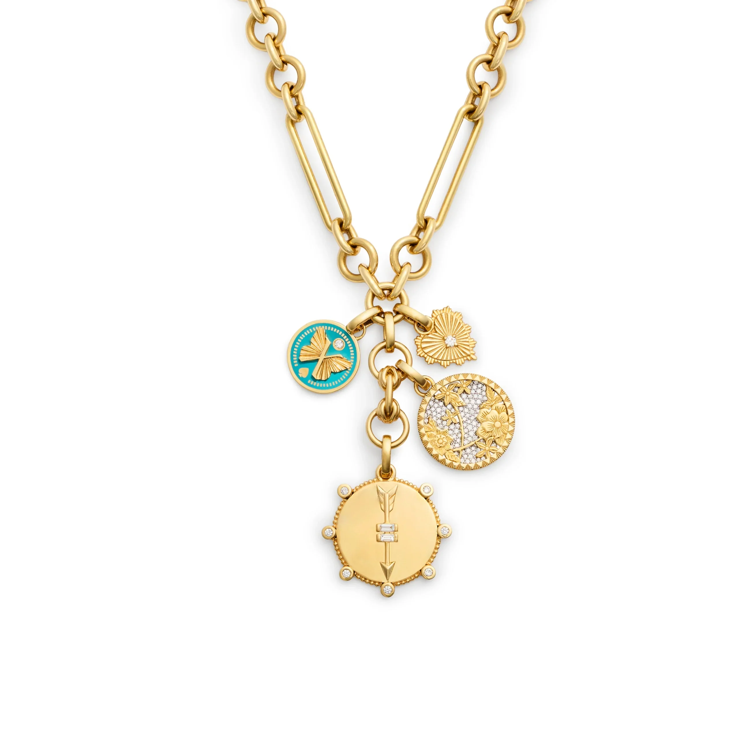 Personalized - True Love | Engravable Heart at Peace and Pavé Floral Screen Midsize Mixed Clip Extension Necklace | Diamonds, Aqua Ceramic, Yellow Gold