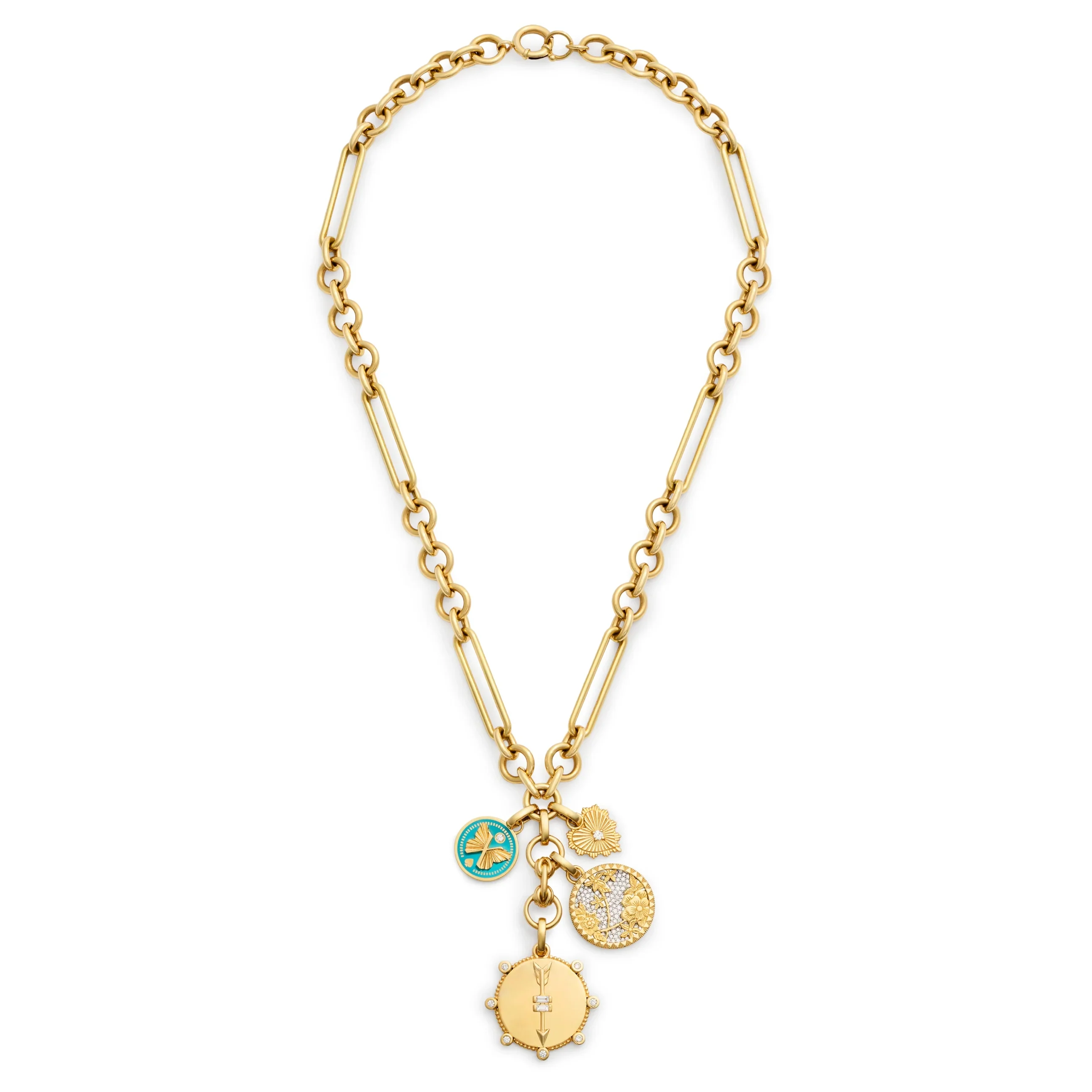 Personalized - True Love | Engravable Heart at Peace and Pavé Floral Screen Midsize Mixed Clip Extension Necklace | Diamonds, Aqua Ceramic, Yellow Gold - Image 3