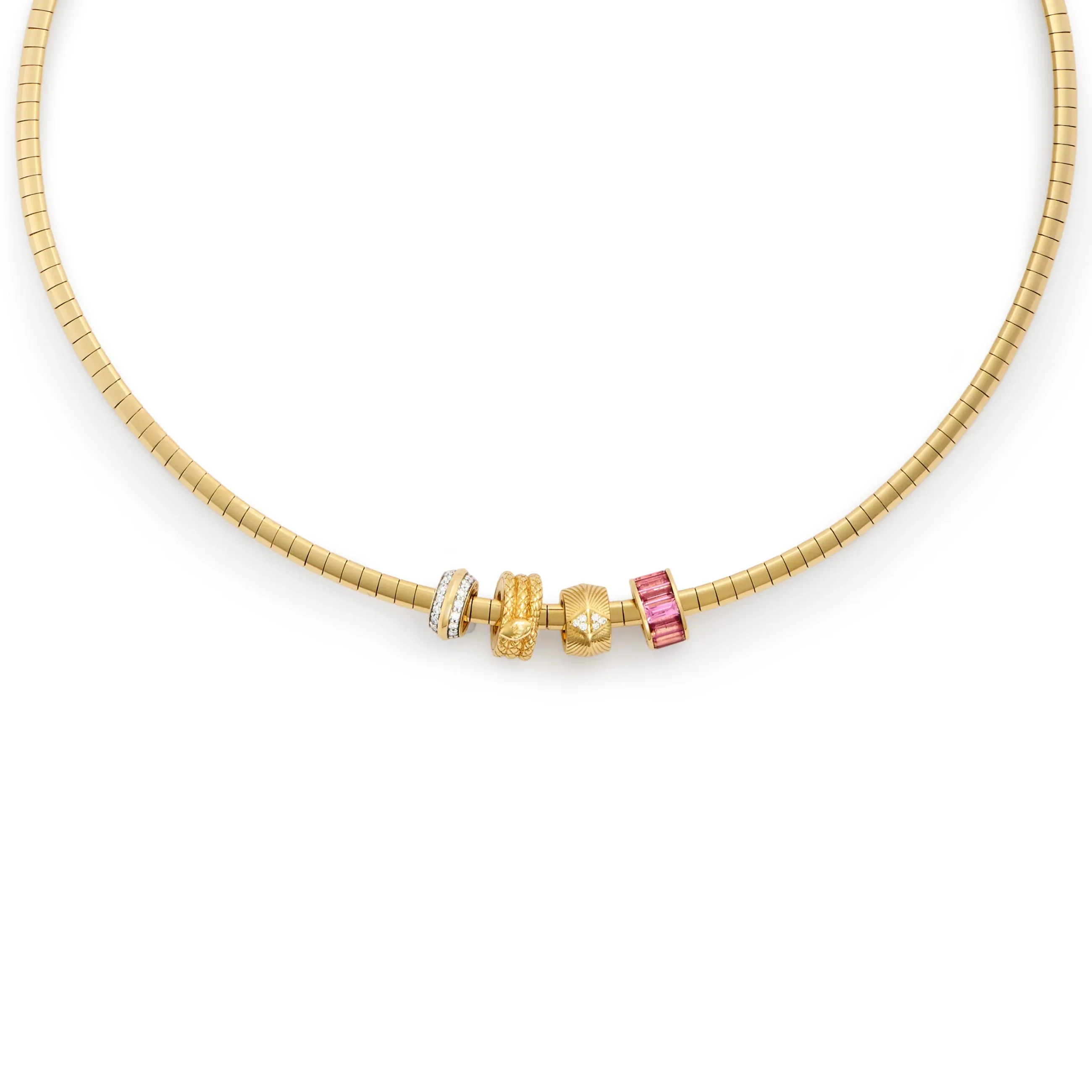 True Love - Protection | Baguette and Snake Heart Beats Small Sleek Collar Necklace | Diamonds, Pink Tourmaline, Yellow Gold