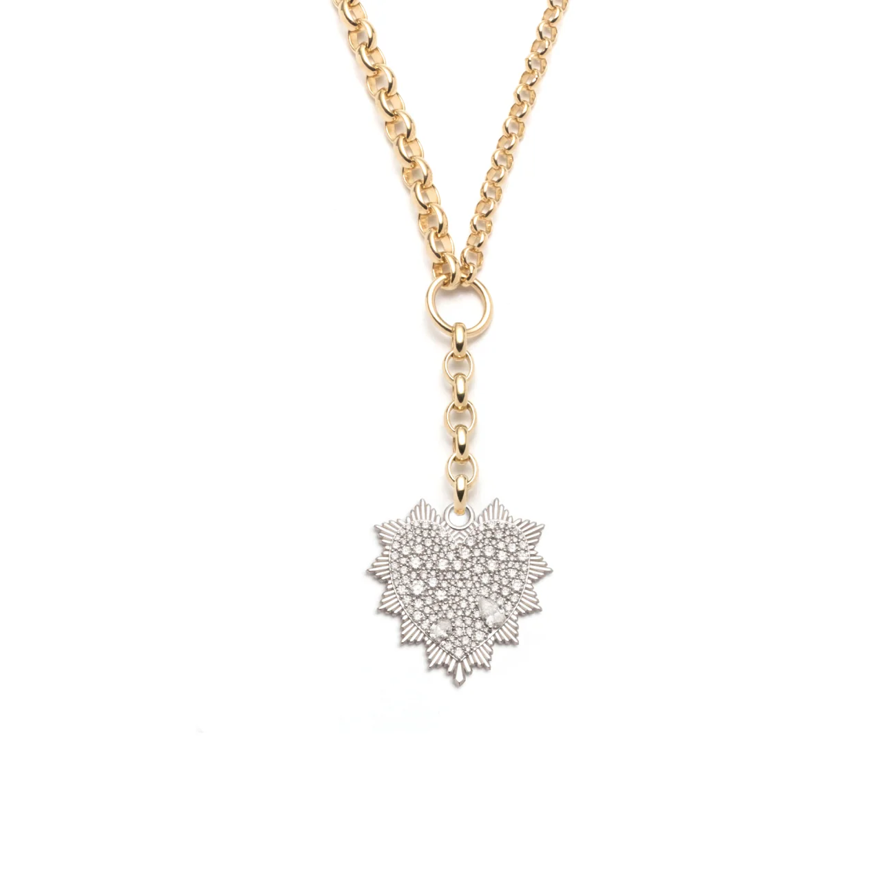 True Love | Snow Pavé Heart Love Token Heavy Mixed Belcher Extension Necklace | Diamonds, Mixed Gold
