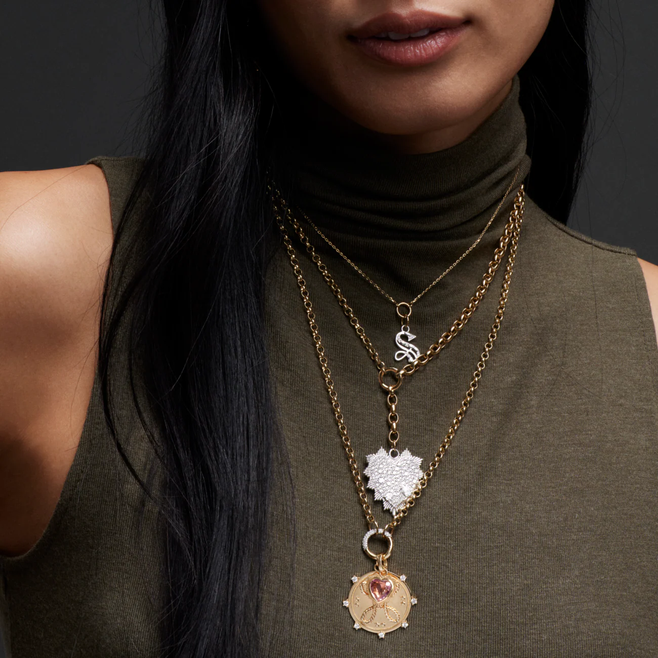True Love | Snow Pavé Heart Love Token Heavy Mixed Belcher Extension Necklace | Diamonds, Mixed Gold - Image 2
