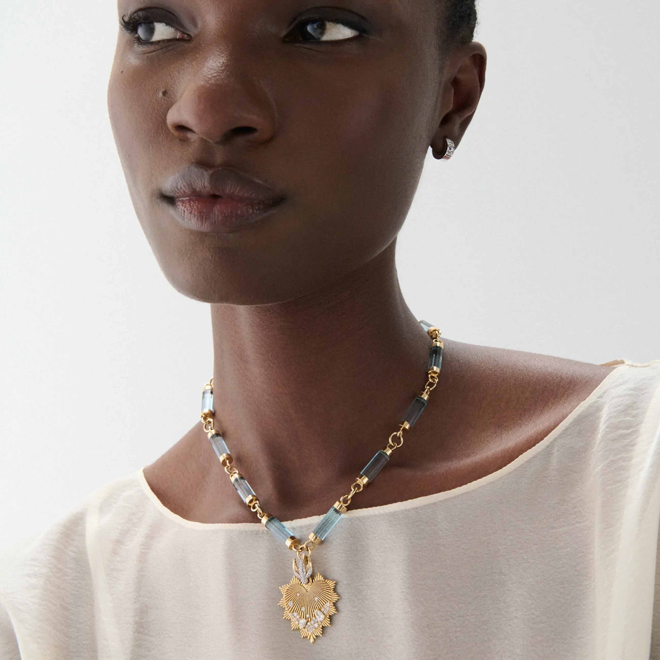 True Love - Resilience | Encrusted Heart Love Token and Sparrow Oversized Element Necklace | Diamonds, Sky Blue Topaz, Yellow Gold - Image 2