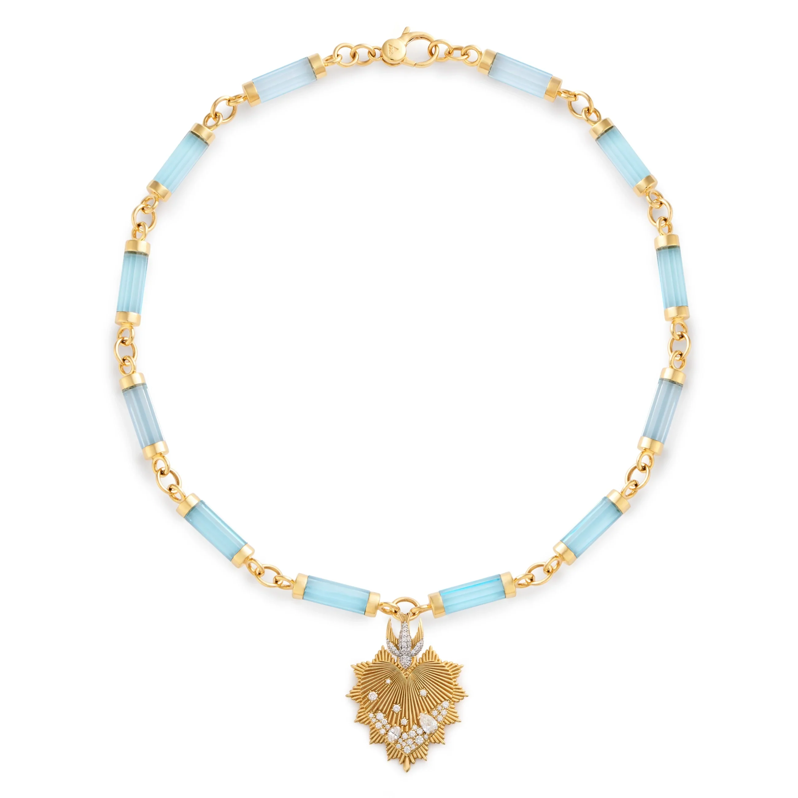 True Love - Resilience | Encrusted Heart Love Token and Sparrow Oversized Element Necklace | Diamonds, Sky Blue Topaz, Yellow Gold - Image 3