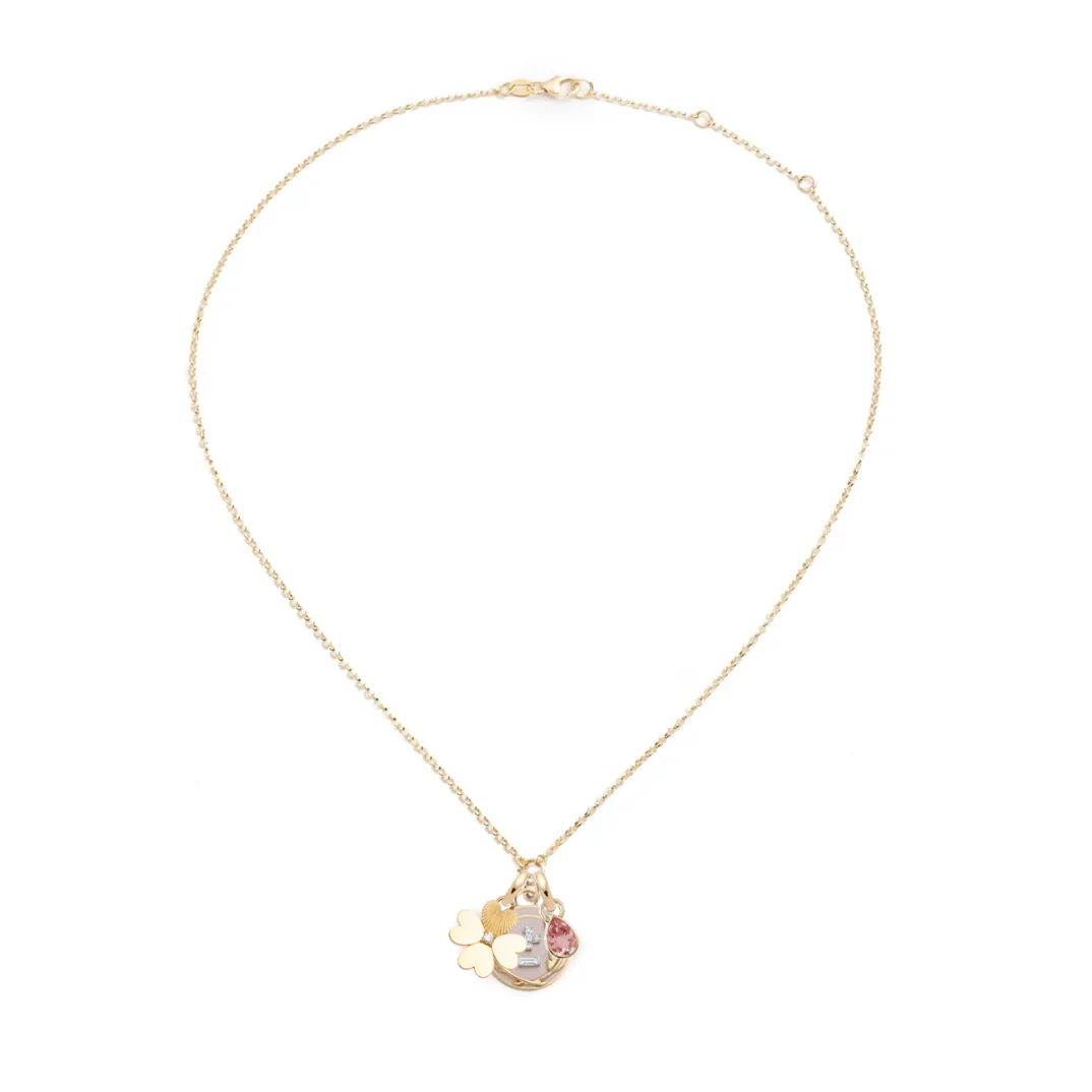 Personalized - Vivacity | Ceramic Ever Growing Love and Engravable Four Heart Clover Fine Belcher Necklace | Blush Ceramic, Diamonds, Pink Tourmaline, Yellow Gold - Image 3